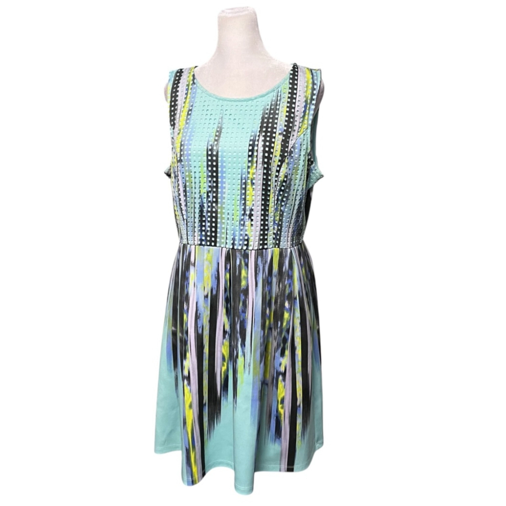 Apt 9 Aqua Watercolor Scuba Fit Flare Dress Size Large